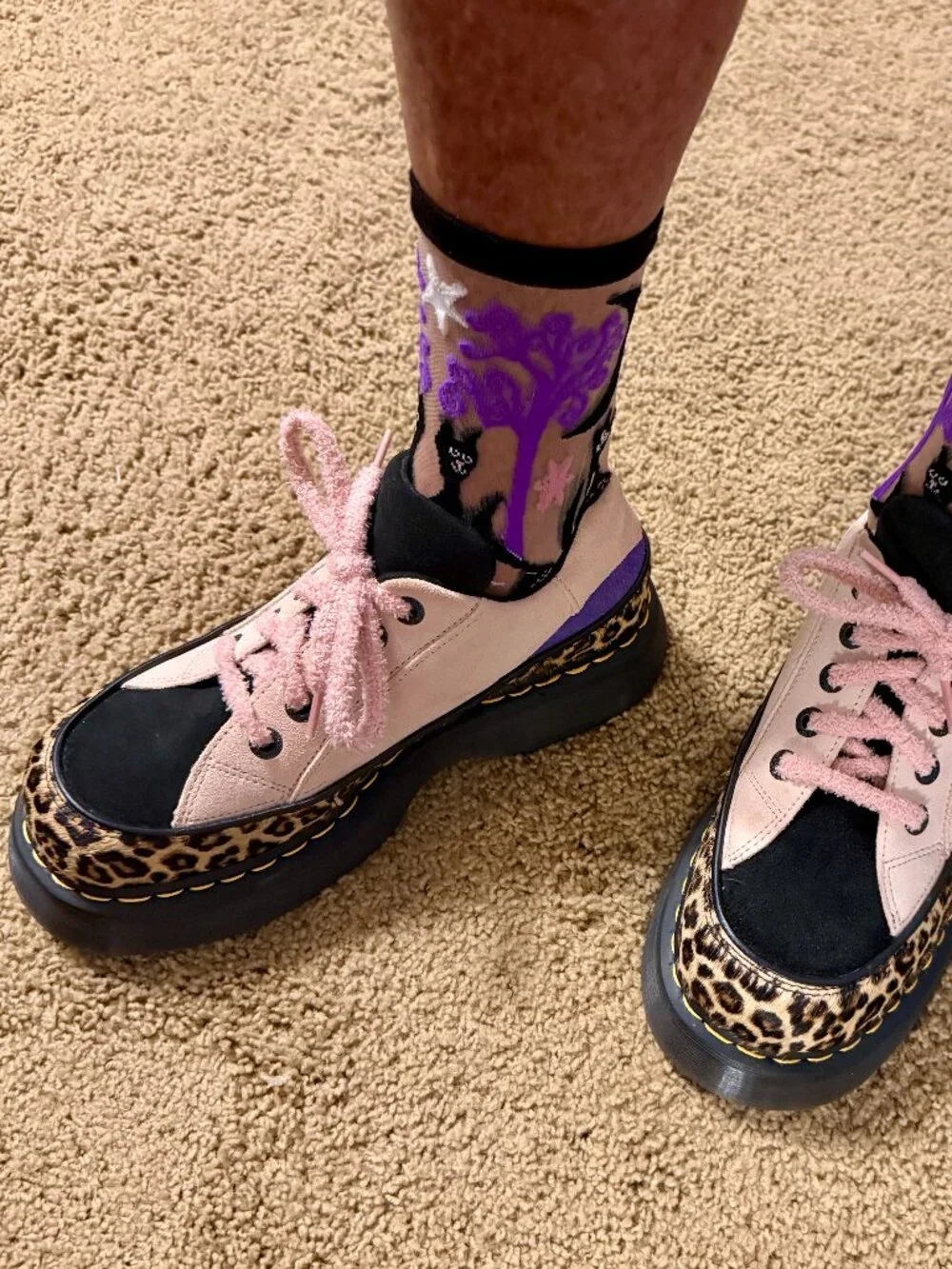 Dr. Marten s Buzz 5-Eye Pink Suede and Leopard Hair Platform Shoe - RARE